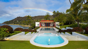 exterior of a building with a large rainbow