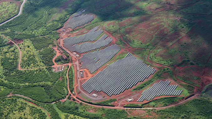 Aerial view of solar panels on U H West Oahu land