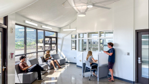 Students in bright study area