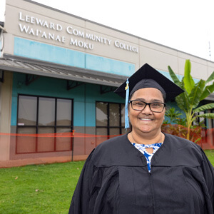 Brenda DeCambra in front of Waianae Moku building
