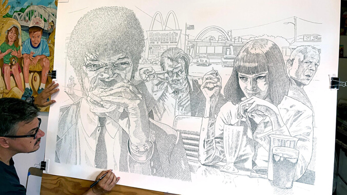 Kulundzic working on a drawing of Pulp Fiction characters