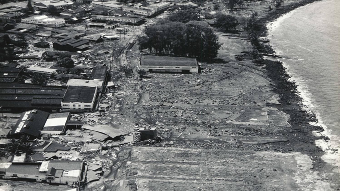 historical photo showing cleared land from tsunami