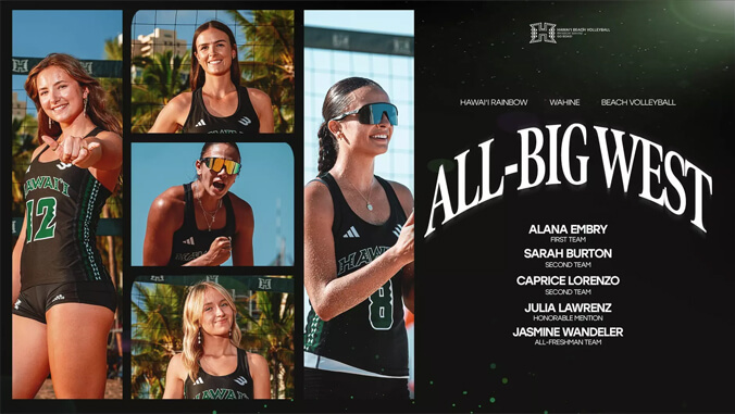 5 beach volleyball players and All-Big West graphic