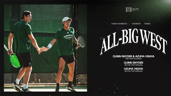2 tennis players on the tennis court and All-Big West graphic