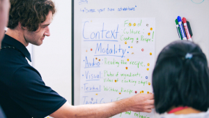 person writing on a whiteboard