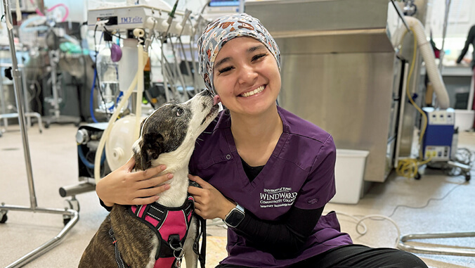 dog licking vet tech's face