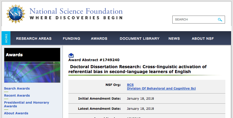 screenshot image of NSF Awards news item
