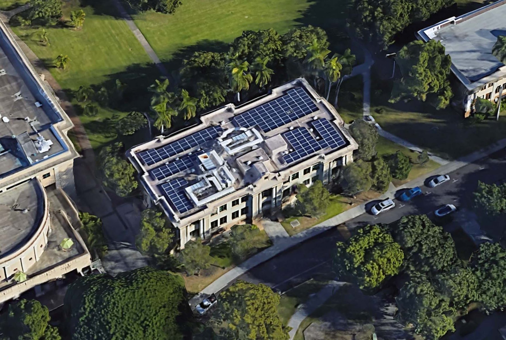 View of the PV system on the roof of Gartley Hall