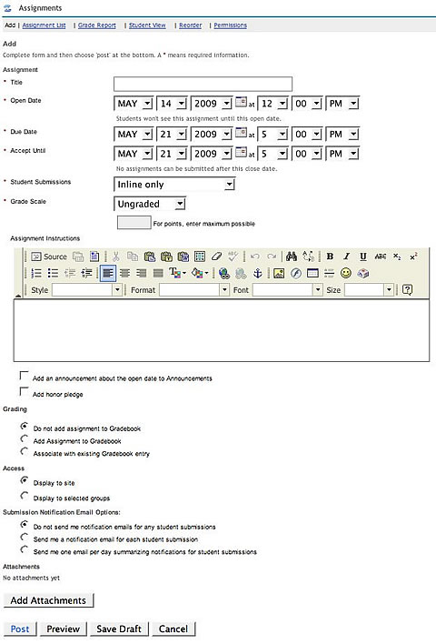 Laulima Assignments Tool, creating an assignment