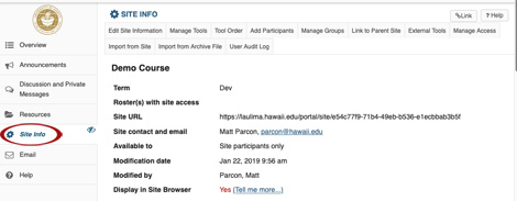 image of clicking on site info button