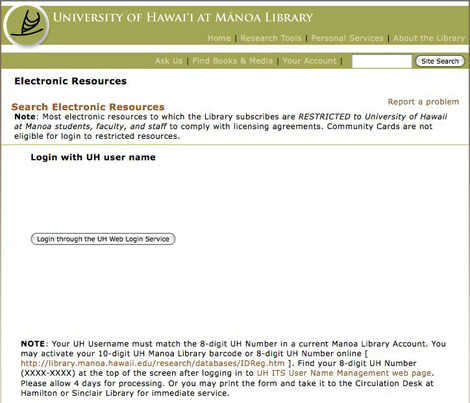 Manoa library login page