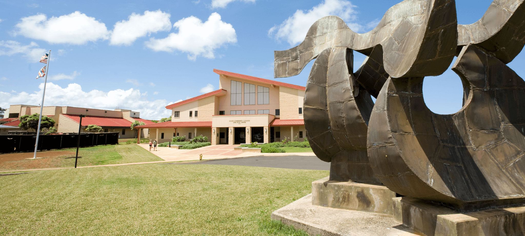 Kauai Community College campus with sculpture by Bumpei Akaji in the foreground