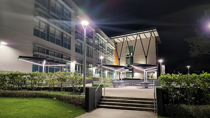 PV umbrellas at Life Sciences at night